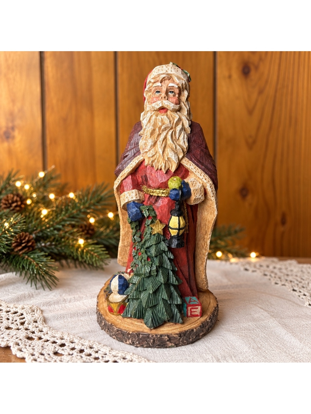 Vintage Santa Figurine With Lantern And Christmas Tree Rustic Carved Wood Look